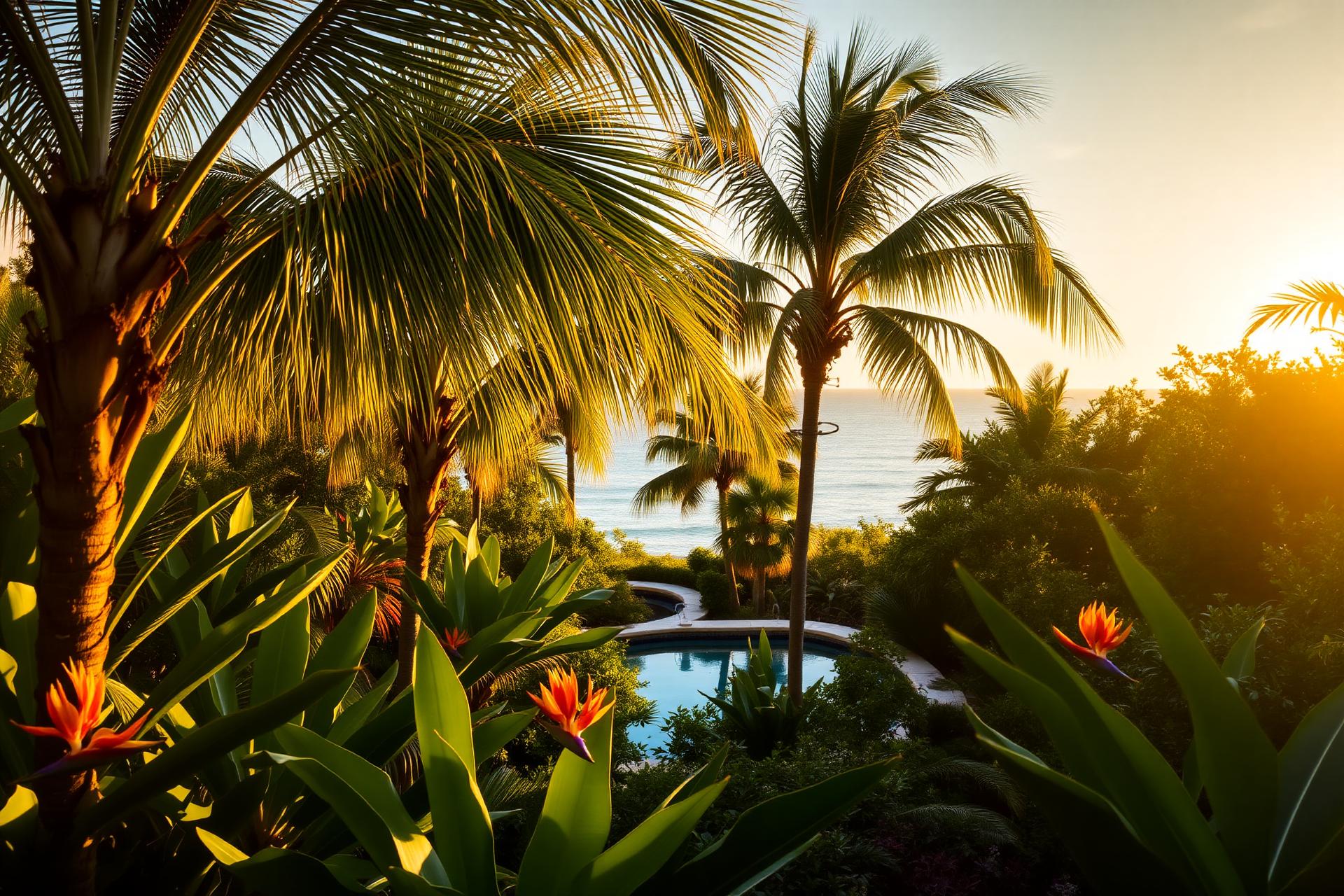 Tropical Sarasota estate garden at golden hour with palms and birds of paradise
